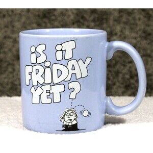 Is It Friday Yet? Vintage American Greetings Stoneware Blue Coffee Mug Tea Cup